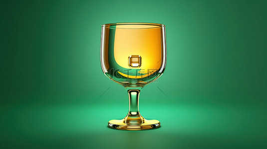 金杯背景图片_玻璃福图纳金杯中的庆祝徽章，背景为潮水绿色 3D 图形表示社交媒体图标