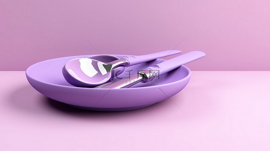 带餐具的空盘子的简约紫色 3D 渲染