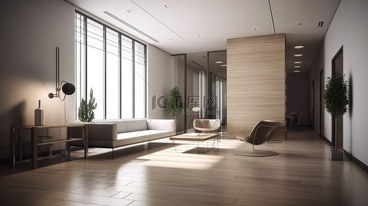 公司架构背景图片_3D 渲染的可持续办公门厅和现代舒适的休息区