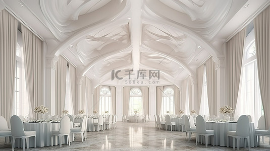 用餐背景图片_华丽的宴会厅设有白色桌子和优雅的 3D 窗帘窗户