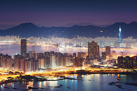 夜景背景图片_夜晚的首尔市被灯光照亮