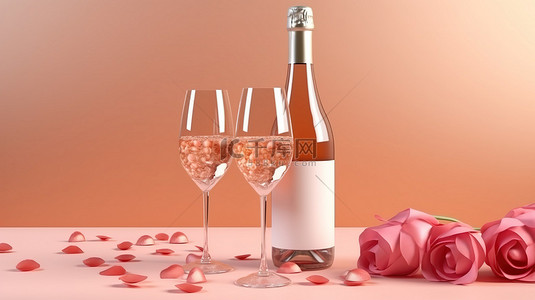 装饰在香槟瓶上配有眼镜和玫瑰花瓣的模型海报的 3D 渲染