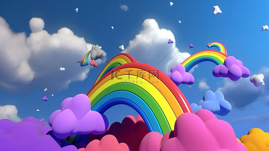 充满活力的 3d 彩虹世界中的卡通云彩和星星
