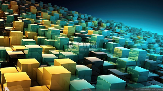 蓝色黄色绿色和棕色的立方体背景 3D 抽象设计