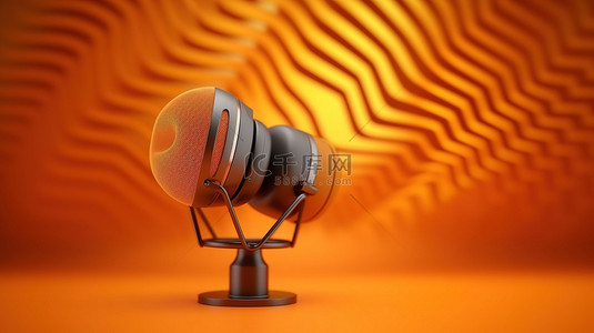 直播播客内容创建者的麦克风和橙色背景上的声波的 3D 渲染