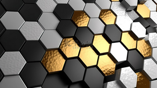 六角形背景的 3D 渲染，带有随机黑色白色金色和银色平铺