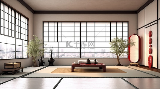 文化墙背景图片_日式室内设计，白色背景，提供 3D 渲染视图