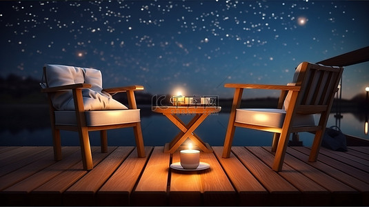 晚上河边星空下甲板上扶手椅和咖啡桌的 3D 插图