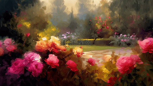 欧式风景油画背景图片_花园风景油画花卉植物背景