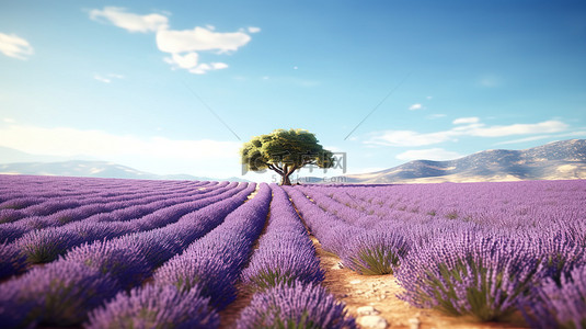 法国普罗旺斯广阔的薰衣草田风景如画，地平线上有一棵孤独的树，3D 插图渲染