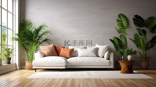 名片设计模板名片背景图片_温馨宜人的起居空间 3D 渲染室内设计，配有白色沙发和木地板