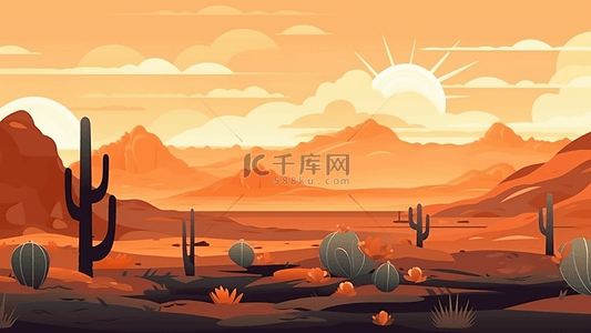 背景夕阳背景图片_沙漠天空仙人掌花插画背景