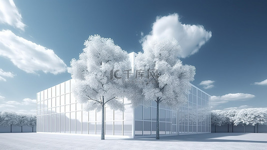 一座当代钢铁和金属建筑，3D 插图中有树木和蓝天