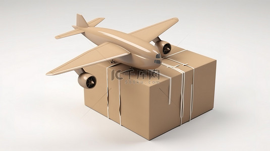 服务背景图片_飞机启发的航空邮件运输概念纸板箱包裹，带有喷气发动机和机翼，在 3D 渲染中的白色背景