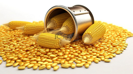 白色背景上装有玉米芯和硬币的玉米袋 3D 渲染有价值的玉米
