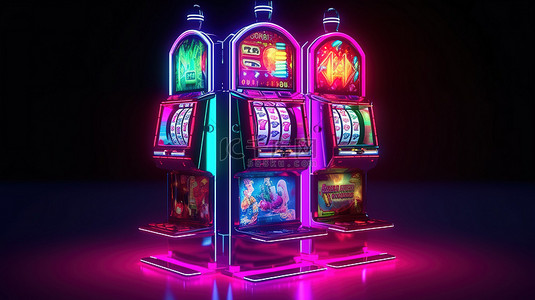 带霓虹灯和卡片符号 3D 插图的未来扑克老虎机