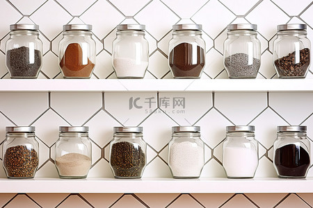 后面背景图片_这些罐子是用来装香料和盐的，放在架子上，后面有墙