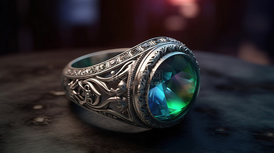 精致的古董银戒指，饰有华丽的宝石，在复杂的环境中 3D 渲染，适用于珠宝店和当铺