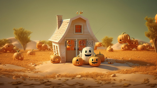 令人毛骨悚然的季节 3D 渲染舒适的房子，里面有南瓜和滑稽的鬼魂