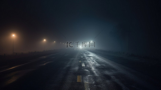 夜间驾驶 3D 渲染空荡荡的道路，有雾和灯光