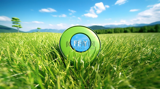 绿色电力可持续能源概念在郁郁葱葱的春天草地上与清澈的蓝天的按钮标志的 3D 渲染中描述