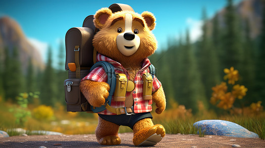 卡通人物一只俏皮的 3D 熊背包旅行的乐趣