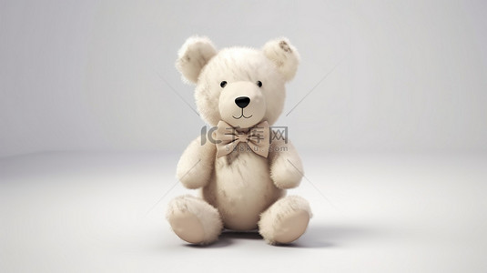 干净的白色背景上带有白色领结的毛绒泰迪熊的可爱 3D 渲染
