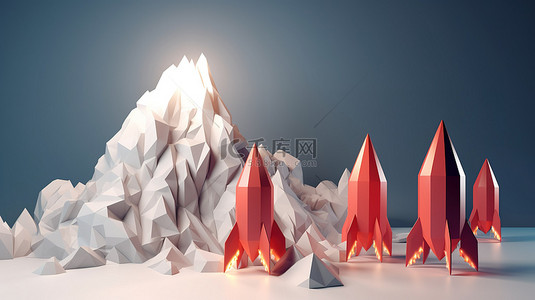 引领潮流背景图片_引领潮流 3D 渲染的纸火箭掌管一切