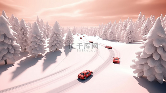 赛车卡通背景图片_3D 插图中的孩子们在白雪皑皑的森林赛道上赛车