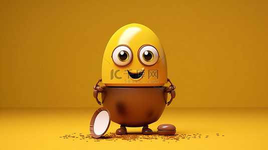 充满活力的黄色背景上带有可充电电池的鸡蛋角色吉祥物的 3D 渲染