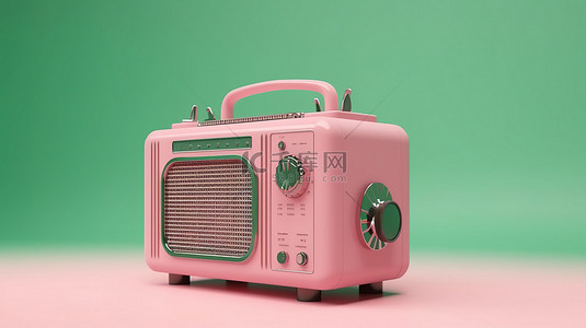 简约卡通风格的绿色复古收音机在柔和的粉红色背景上进行 3d 渲染
