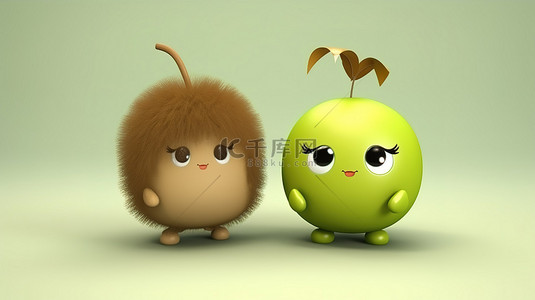 卡哇伊食物背景图片_快乐可爱的绿色和棕色卡通猕猴桃