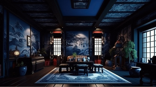 中式深蓝色房间的 3D 渲染内部