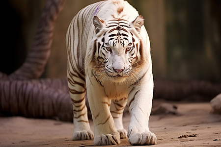 一只白虎走向丛林中的另一只大老虎