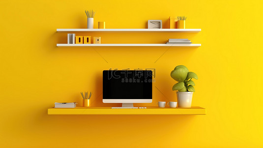 电脑背景图片_垂直背景下黄墙架上 PC 的 3D 插图