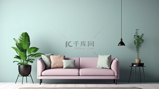 木板背景图片_3D 渲染的模型海报在时髦的室内，配有绿墙紫罗兰沙发和白色桌子