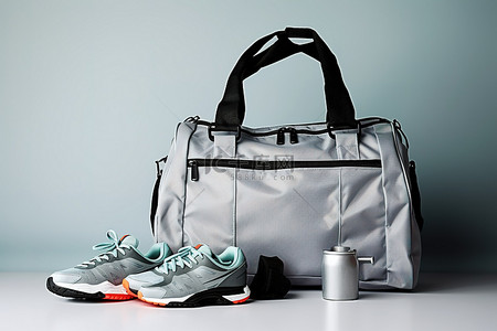 一个灰色的健身包，旁边放着跑鞋和一些装备