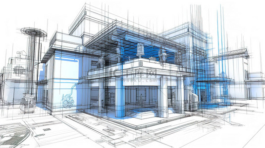 建筑工地上正在开发的房屋的 3D 渲染，具有主背面和辅助轮廓