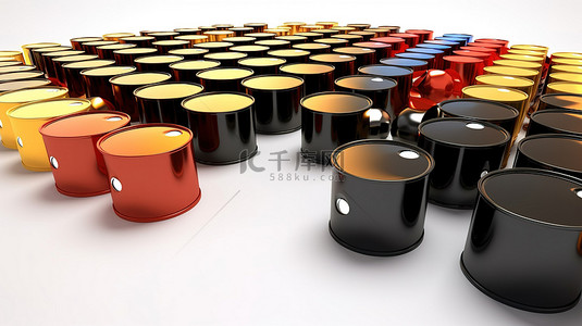 大量油罐在空白画布上对世界能源业务进行 3D 渲染