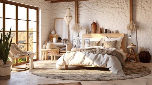质朴的斯堪的纳维亚魅力与波西米亚风格在 3D 卧室渲染与木制家具中相遇