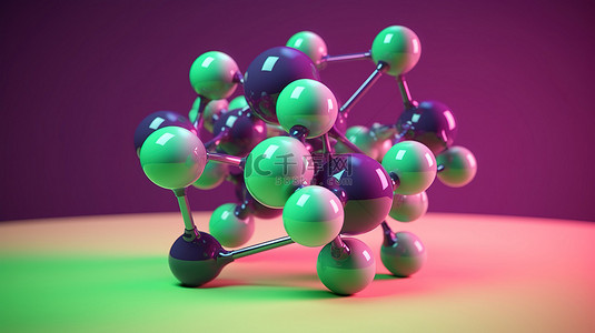 带有绿色和粉色分子模型的紫色背景的 3D 渲染