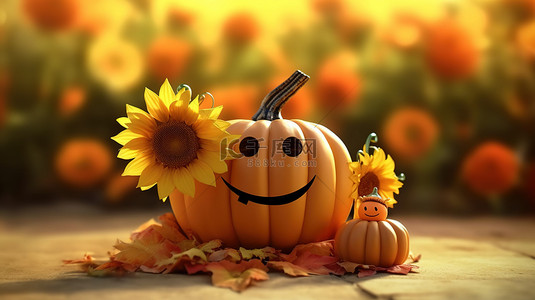 彩色背景上的向日葵和南瓜的秋季喜悦 3D 渲染