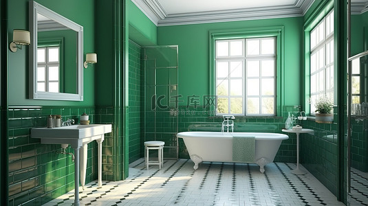浴室洗脸盆背景图片_经典风格的酒店浴室，配有绿色瓷砖墙大镜子和白色洗脸盆 3D 渲染的角落视图图像