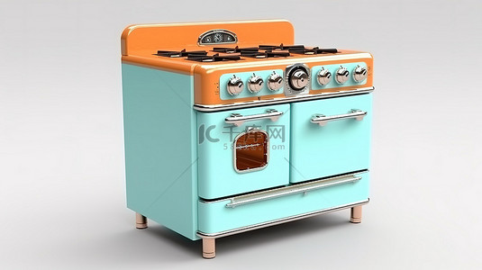 侧视图老式厨房用具复古燃气灶和烤箱的 3D 渲染