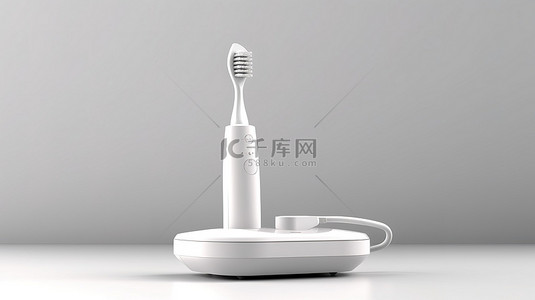 刚充电的电动牙刷搭配闪闪发光的白牙，通过 3D 渲染呈现在白色背景上