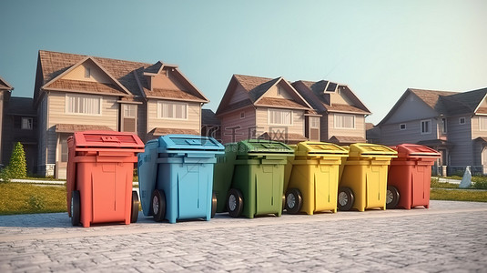 垃圾箱和回收装置的 3D 家庭渲染
