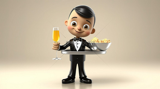 吃货背景图片_卡通服务员拿着香槟托盘的 3d 插图
