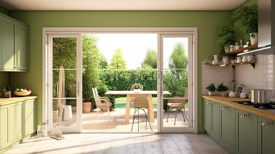背景地毯背景图片_设计典雅的乡村别墅内部清新绿色厨房露台和花园通道 3D 渲染