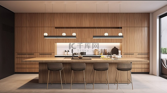 餐厅柜台背景图片_现代木质厨房和餐厅柜台，令人惊叹的 3D 渲染