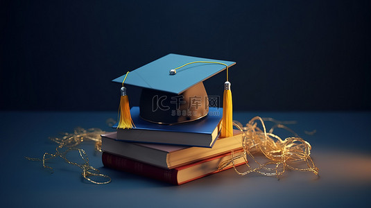 学术研究背景图片_蓝色背景展示了毕业帽，上面装饰着灯泡和 3D 渲染的书籍